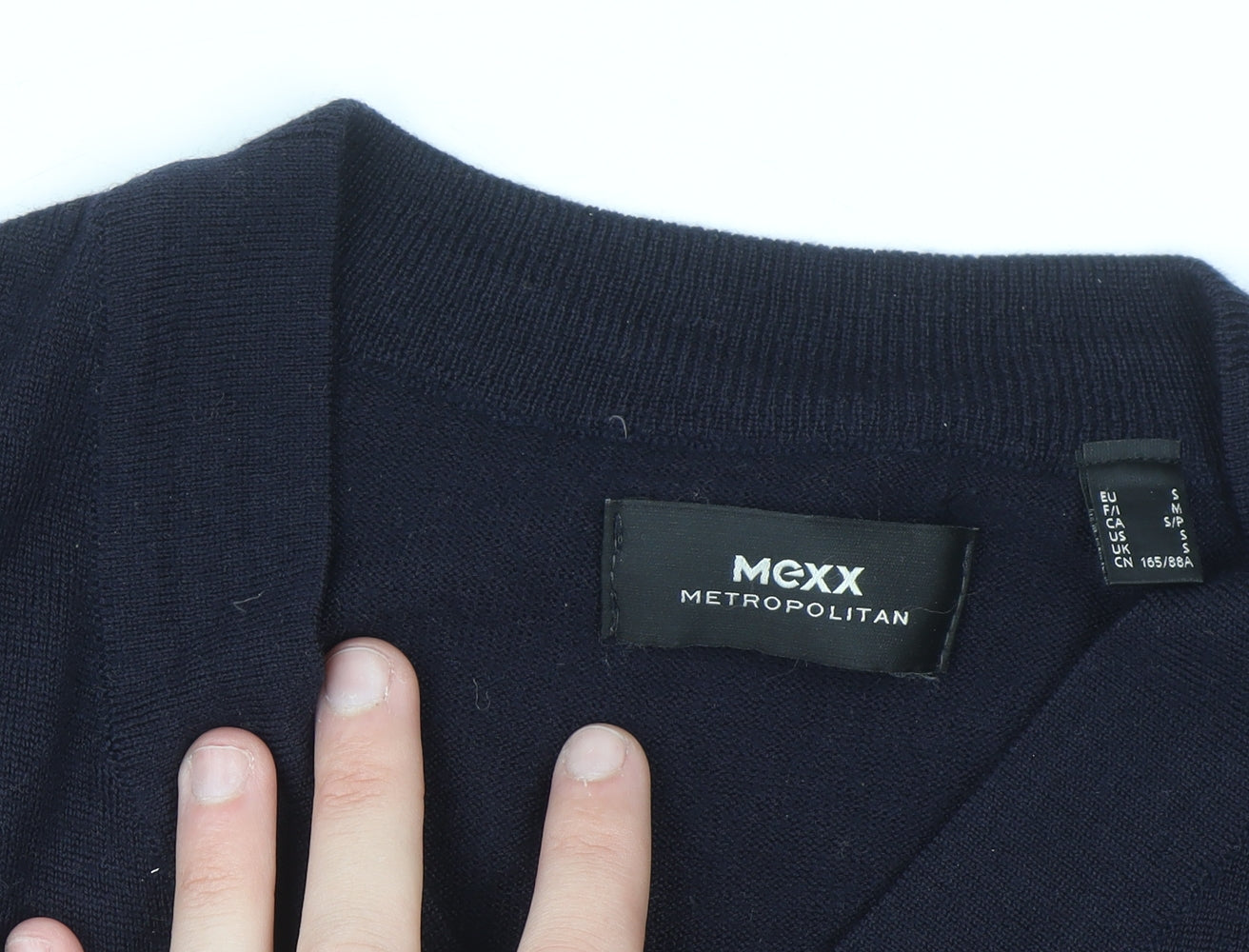 Mexx Men’s Navy Blue V-Neck Merino Wool Blend Pullover Jumper Size S
