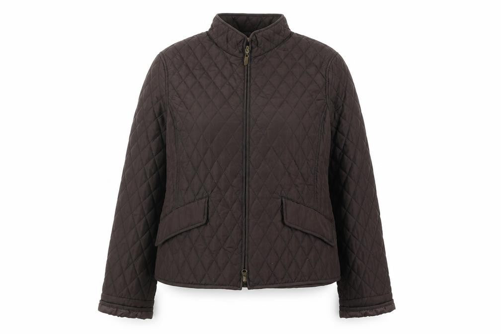 Front view of Olsen Women's Brown Quilted Mid-Length Jacket, size 12