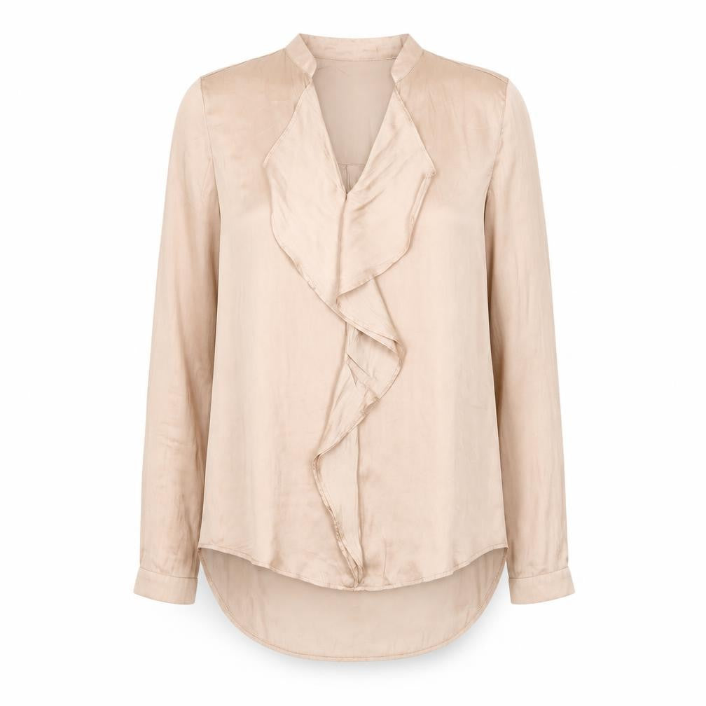 Front view of Marks & Spencer women’s beige ruffle wrap blouse, size UK 6