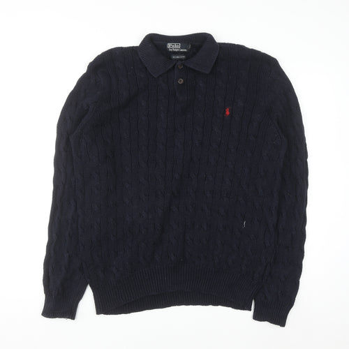 Ralph Lauren Men's Blue XL Cable-Knit Cotton Collared Jumper