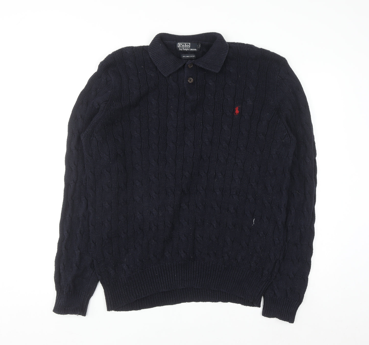 Ralph Lauren Men's Blue XL Cable-Knit Cotton Collared Jumper