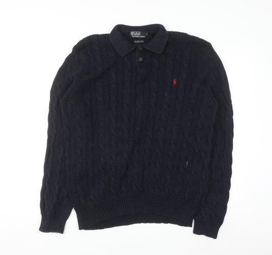 Ralph Lauren Men's Blue XL Cable-Knit Cotton Collared Jumper