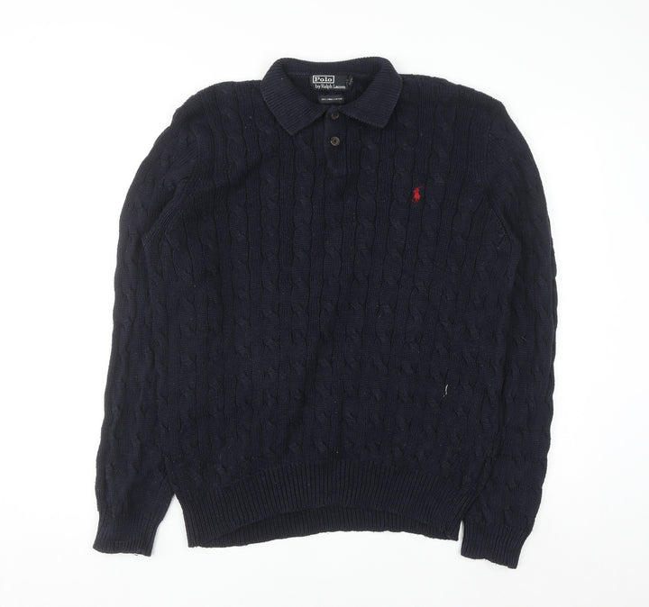 Ralph Lauren Men's Blue XL Cable-Knit Cotton Collared Jumper