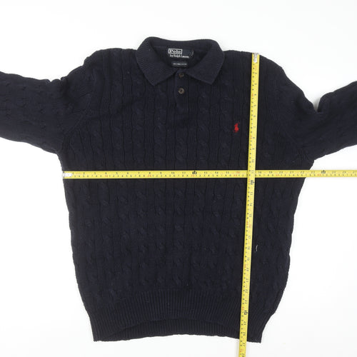 Ralph Lauren Men's Blue XL Cable-Knit Cotton Collared Jumper