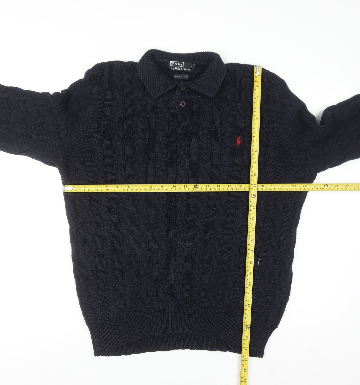 Ralph Lauren Men's Blue XL Cable-Knit Cotton Collared Jumper