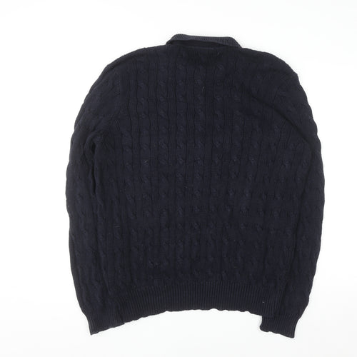 Ralph Lauren Men's Blue XL Cable-Knit Cotton Collared Jumper