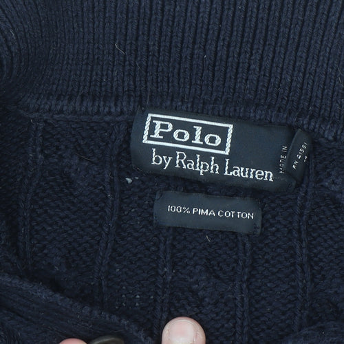 Ralph Lauren Men's Blue XL Cable-Knit Cotton Collared Jumper
