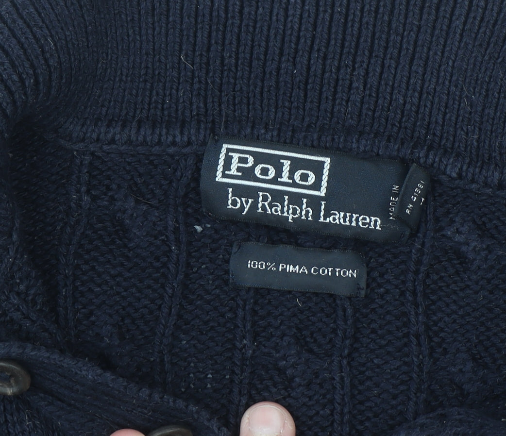 Ralph Lauren Men's Blue XL Cable-Knit Cotton Collared Jumper