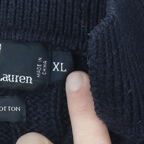 Ralph Lauren Men's Blue XL Cable-Knit Cotton Collared Jumper