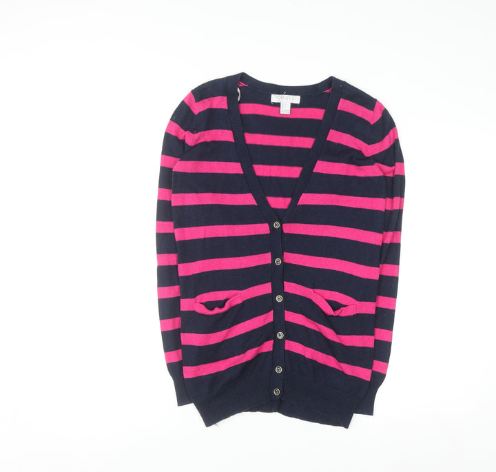 Forever 21 Women's Navy & Pink Striped V-Neck Cardigan Size S