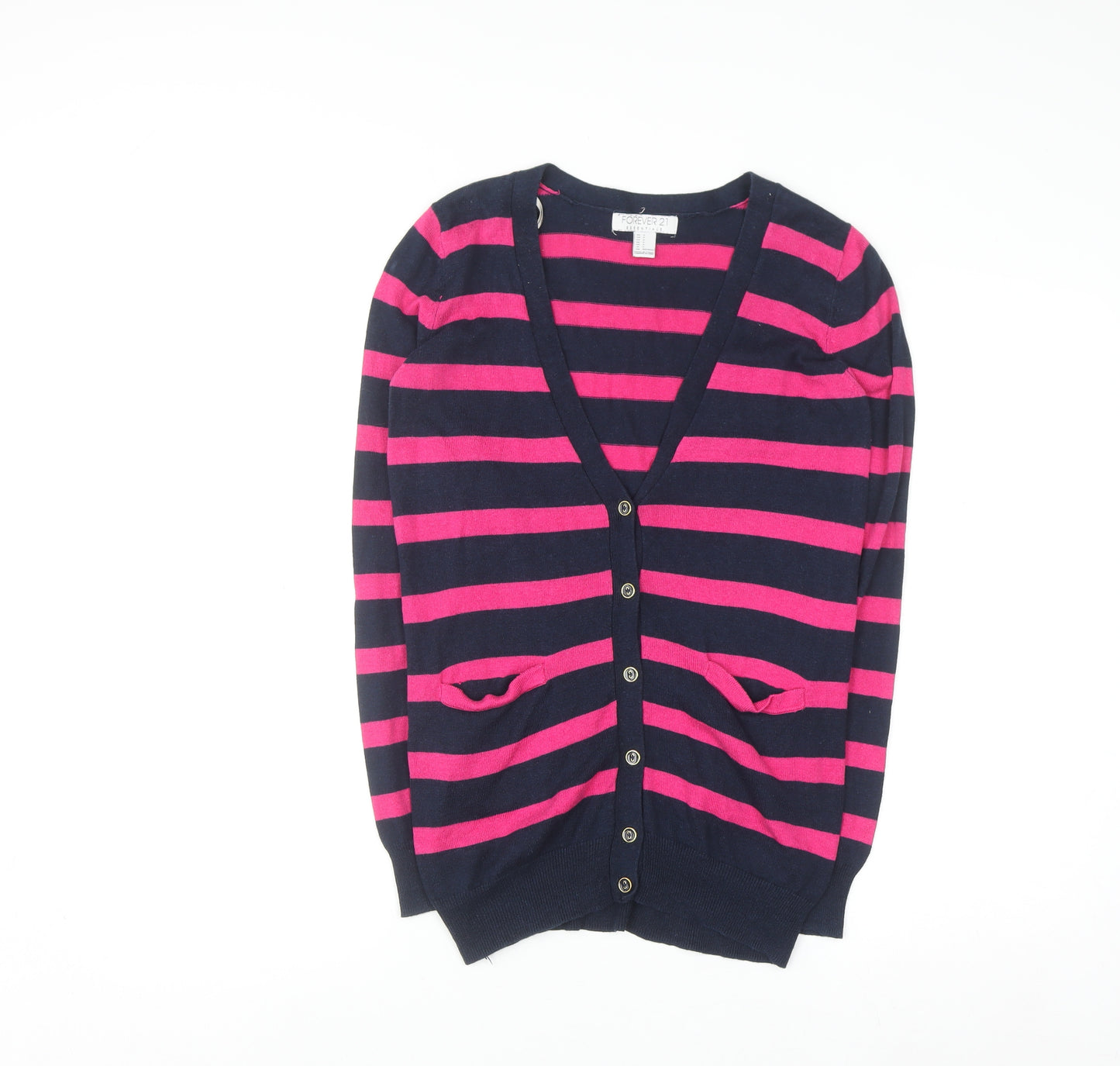 Forever 21 Women's Navy & Pink Striped V-Neck Cardigan Size S