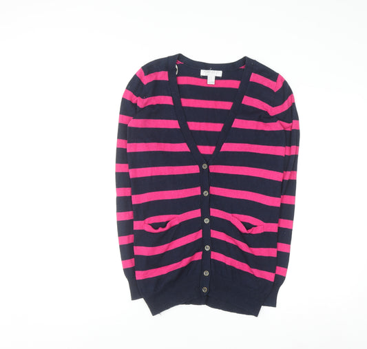 Forever 21 Women's Navy & Pink Striped V-Neck Cardigan Size S