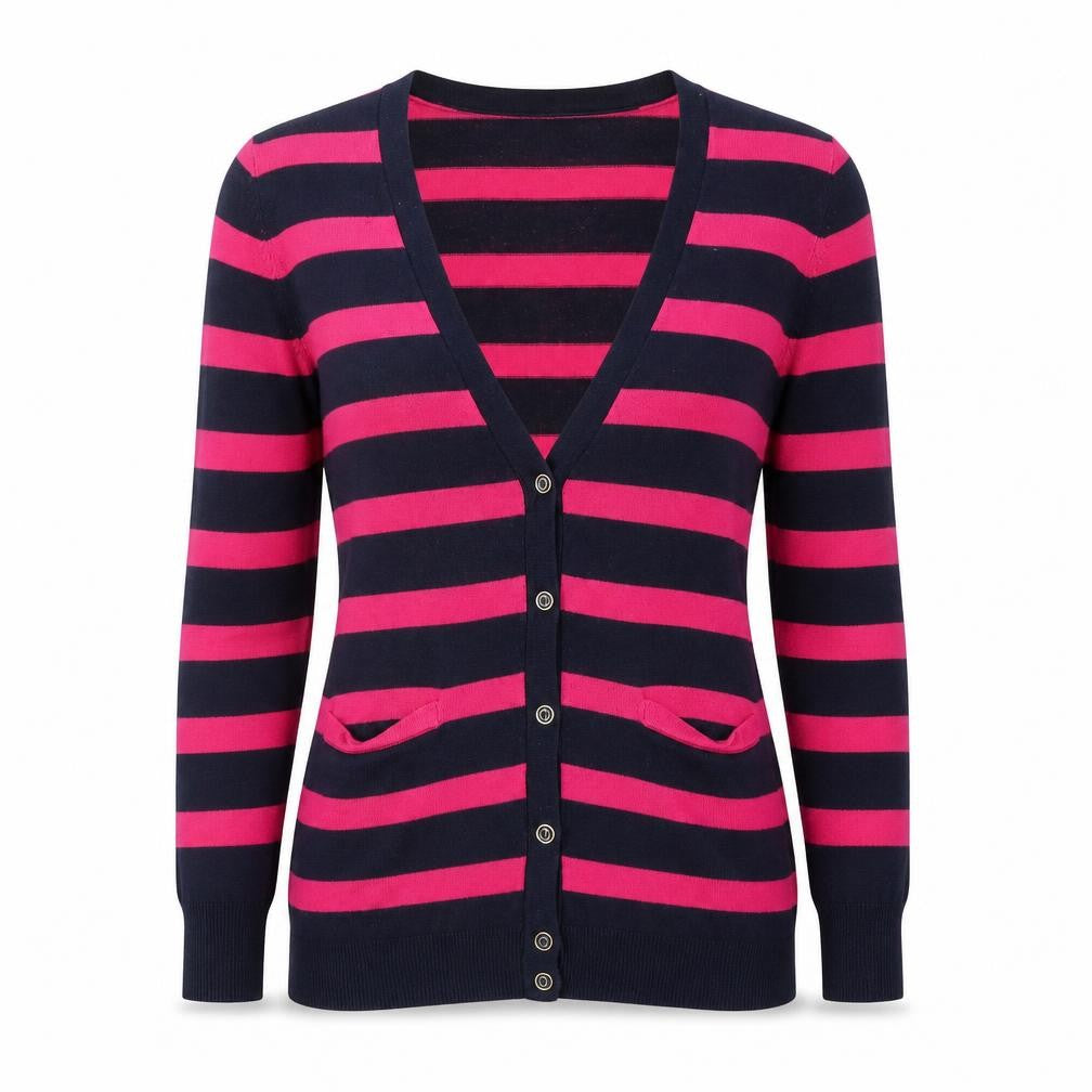 Forever 21 Women's Navy & Pink Striped V-Neck Cardigan Size S