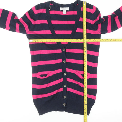 Forever 21 Women's Navy & Pink Striped V-Neck Cardigan Size S