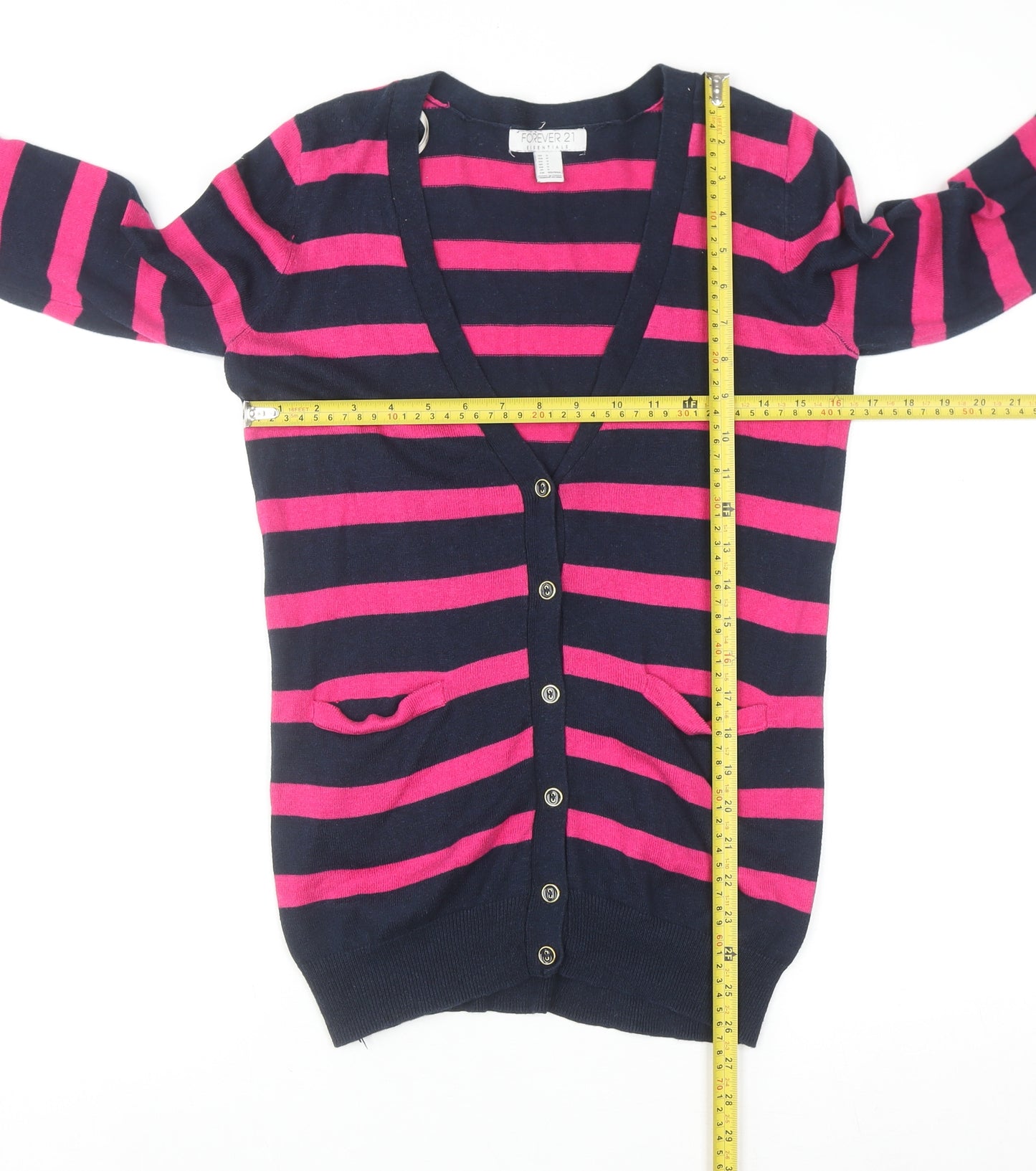 Forever 21 Women's Navy & Pink Striped V-Neck Cardigan Size S
