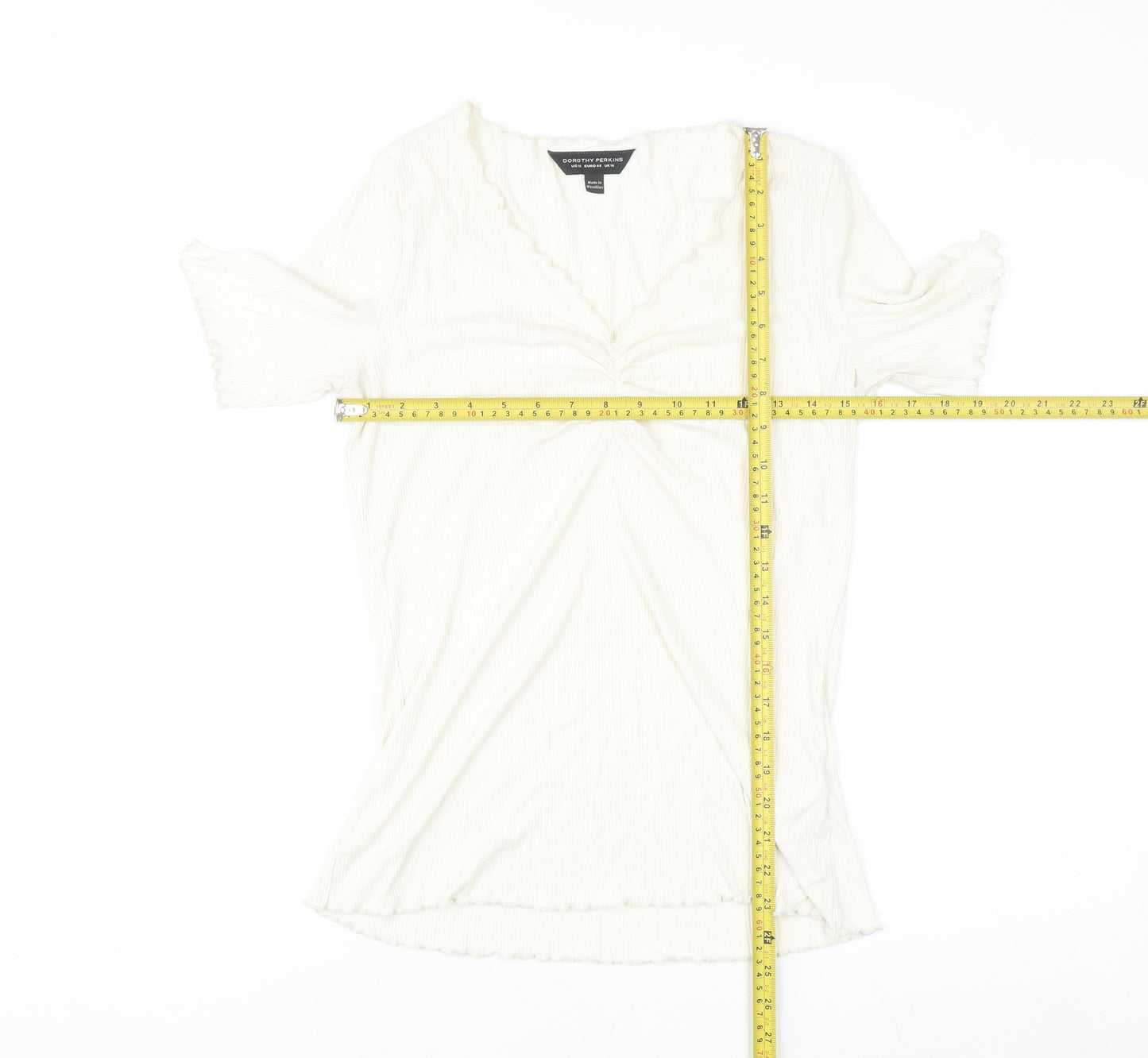 Dorothy Perkins Women Ivory Short Sleeve V-Neck Stretch Jersey Top Size 16