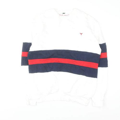 Whale of a Time Men White Navy Red Stripe Cotton Crew Sweatshirt L