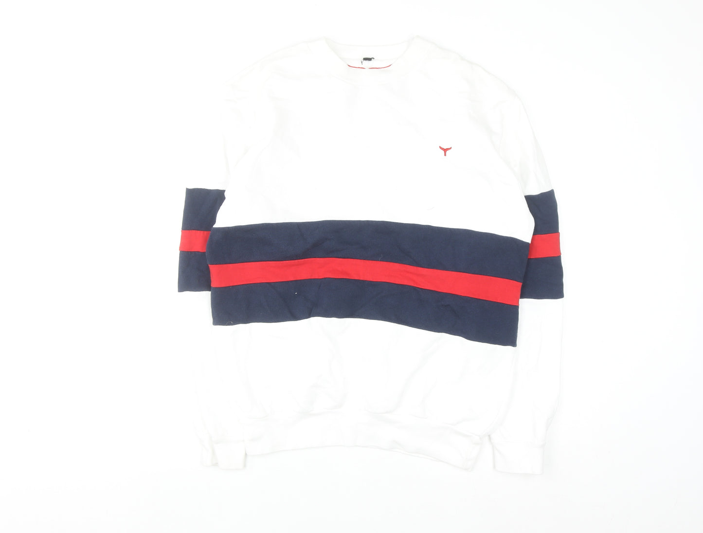 Whale of a Time Men White Navy Red Stripe Cotton Crew Sweatshirt L