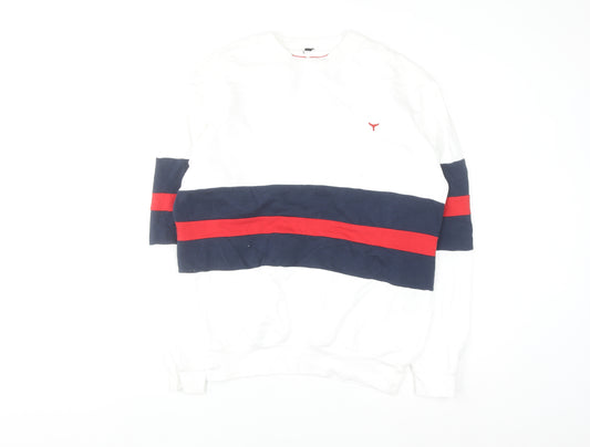 Whale of a Time Men White Navy Red Stripe Cotton Crew Sweatshirt L