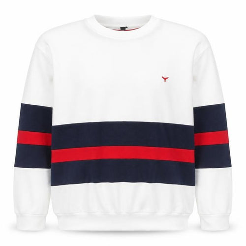 Whale of a Time Men White Navy Red Stripe Cotton Crew Sweatshirt L