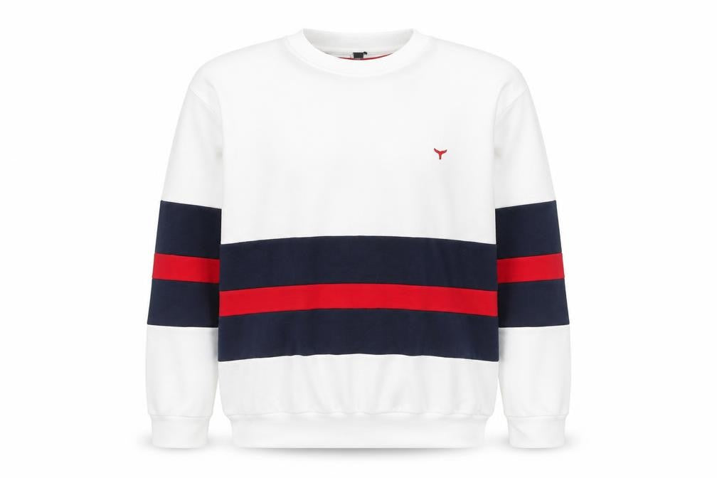 Whale of a Time Men White Navy Red Stripe Cotton Crew Sweatshirt L