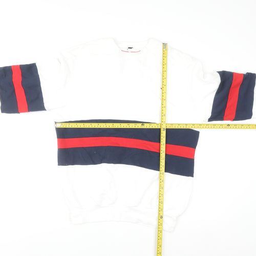 Whale of a Time Men White Navy Red Stripe Cotton Crew Sweatshirt L