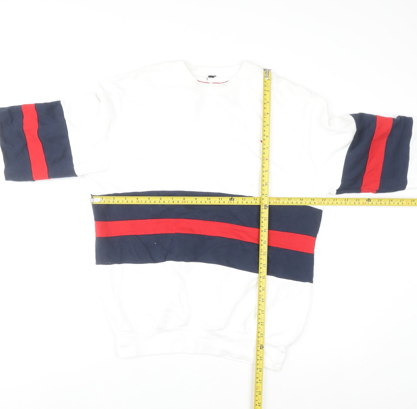 Whale of a Time Men White Navy Red Stripe Cotton Crew Sweatshirt L