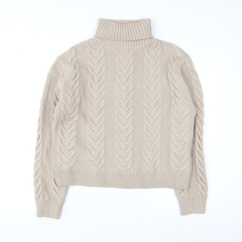 Marks and Spencer Women Beige Cable-Knit Roll Neck Jumper M
