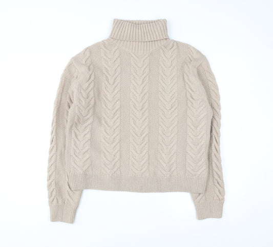 Marks and Spencer Women Beige Cable-Knit Roll Neck Jumper M