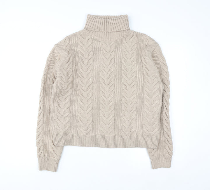 Marks and Spencer Women Beige Cable-Knit Roll Neck Jumper M