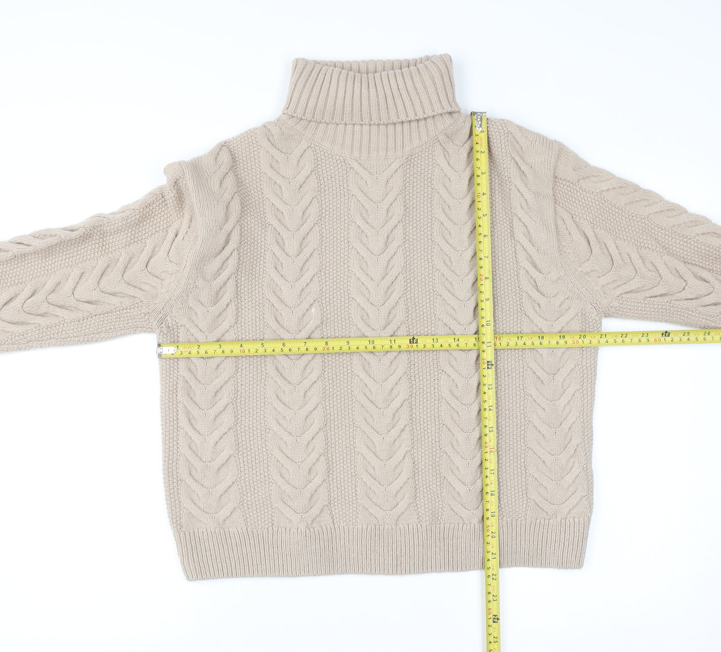 Marks and Spencer Women Beige Cable-Knit Roll Neck Jumper M