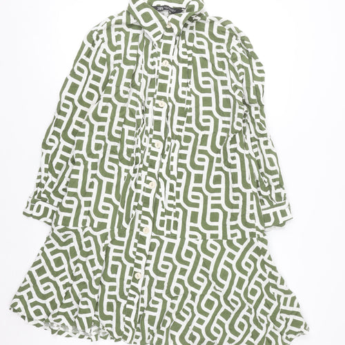 Zara Women Green Geometric Linen Shirt Dress XL