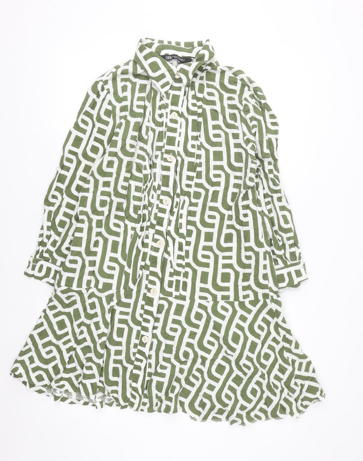 Zara Women Green Geometric Linen Shirt Dress XL