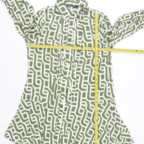 Zara Women Green Geometric Linen Shirt Dress XL