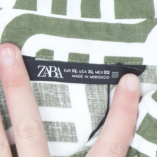 Zara Women Green Geometric Linen Shirt Dress XL