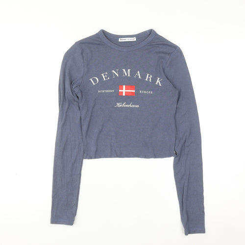 Bershka Women Blue Cropped Long Sleeve Crew Neck Denmark Graphic T-Shirt S