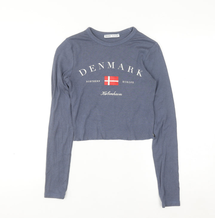 Bershka Women Blue Cropped Long Sleeve Crew Neck Denmark Graphic T-Shirt S