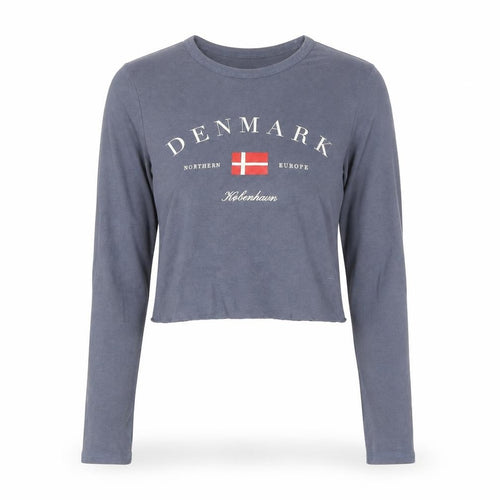 Bershka Women Blue Cropped Long Sleeve Crew Neck Denmark Graphic T-Shirt S