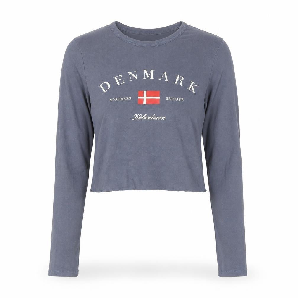 Bershka Women Blue Cropped Long Sleeve Crew Neck Denmark Graphic T-Shirt S