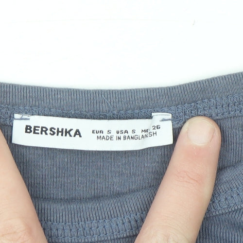 Bershka Women Blue Cropped Long Sleeve Crew Neck Denmark Graphic T-Shirt S