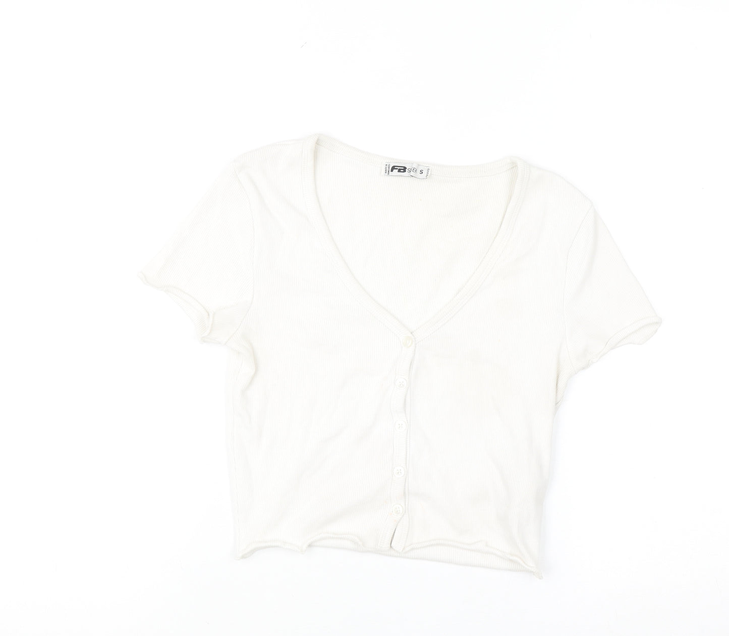 FB Sister Women's White Cropped Button-Up Ribbed Top Size S
