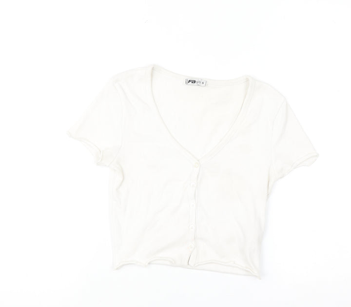 FB Sister Women's White Cropped Button-Up Ribbed Top Size S