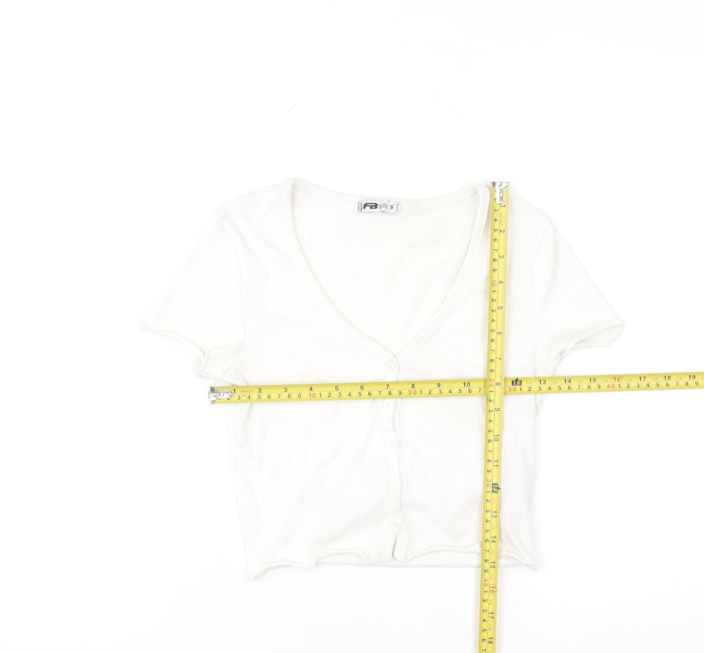 FB Sister Women's White Cropped Button-Up Ribbed Top Size S