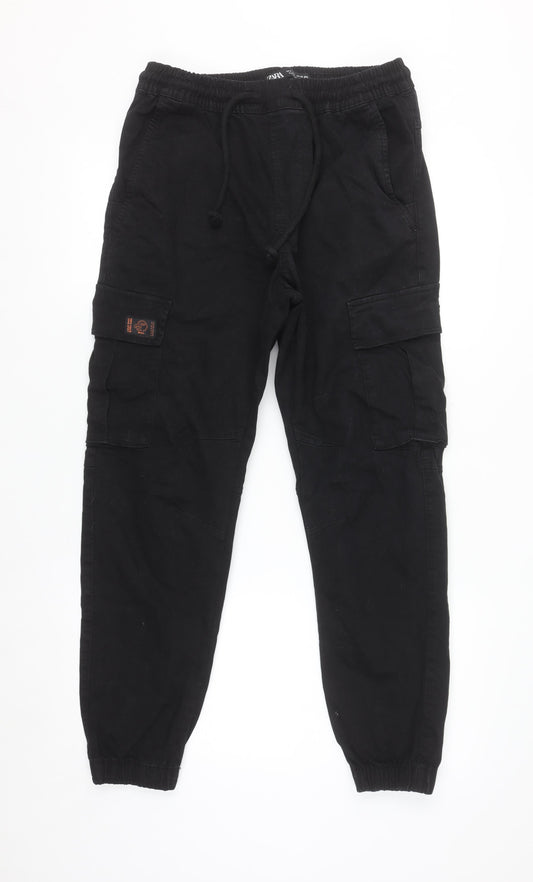 Zara Men's Black Cargo Jogger Trousers Size S Elastic Waist Comfort Cotton