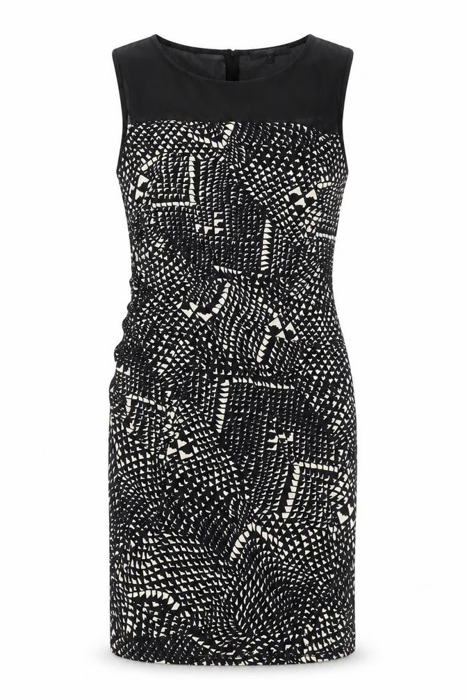 Front view of Next Women’s Black Geometric Sheath Dress, size UK 14, Sleeveless