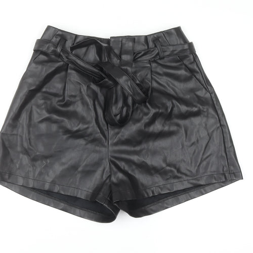 Aaron & Amber Womens Black Faux Leather Paperbag Shorts M
