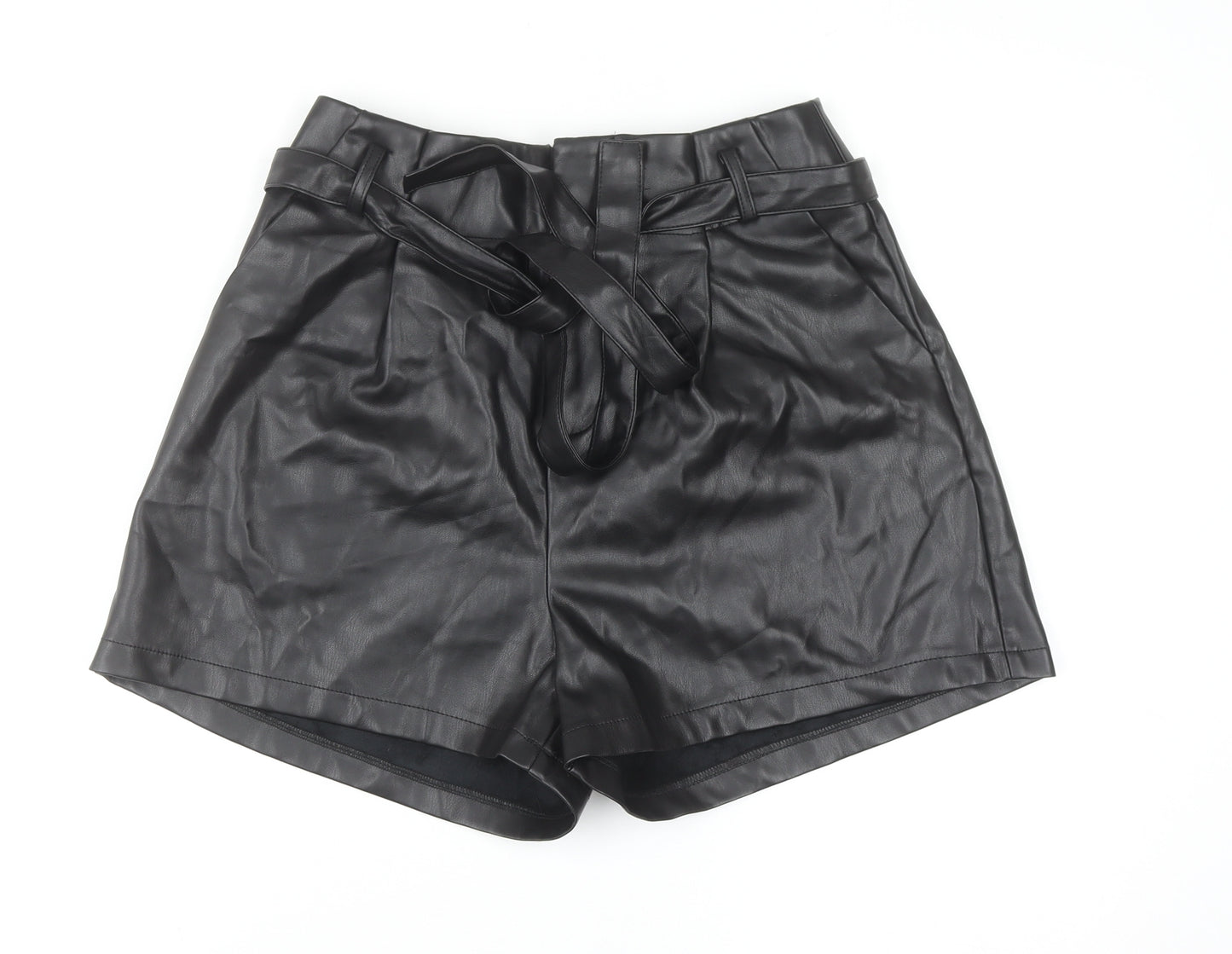 Aaron & Amber Womens Black Faux Leather Paperbag Shorts M