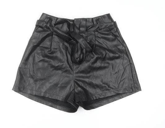 Aaron & Amber Womens Black Faux Leather Paperbag Shorts M