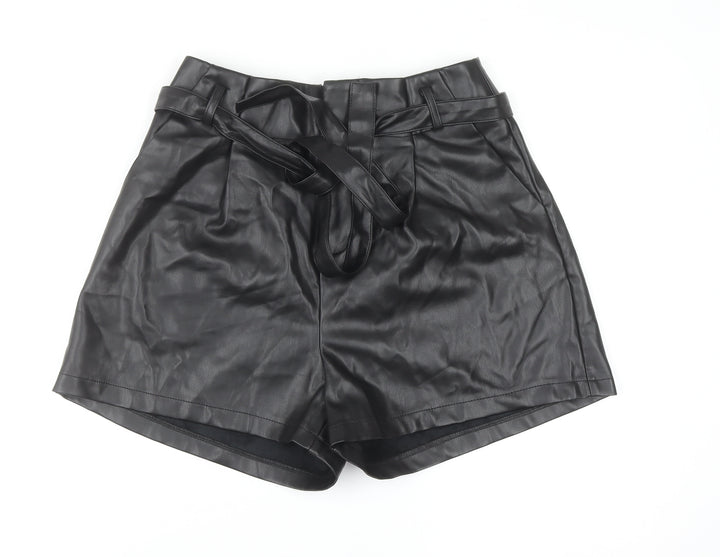 Aaron & Amber Womens Black Faux Leather Paperbag Shorts M