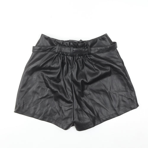 Aaron & Amber Womens Black Faux Leather Paperbag Shorts M
